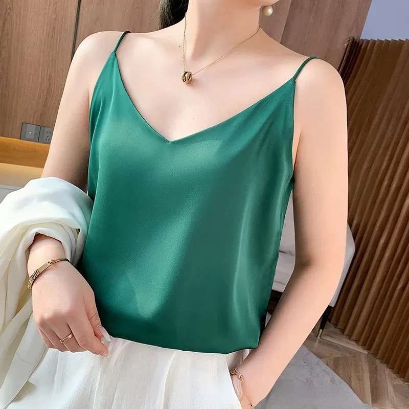 Color: WHITE, Size: XXXL - Fashion Silky Camisole Women's Inner With White Bottoming Satin Top Summer V-neck Thin Section