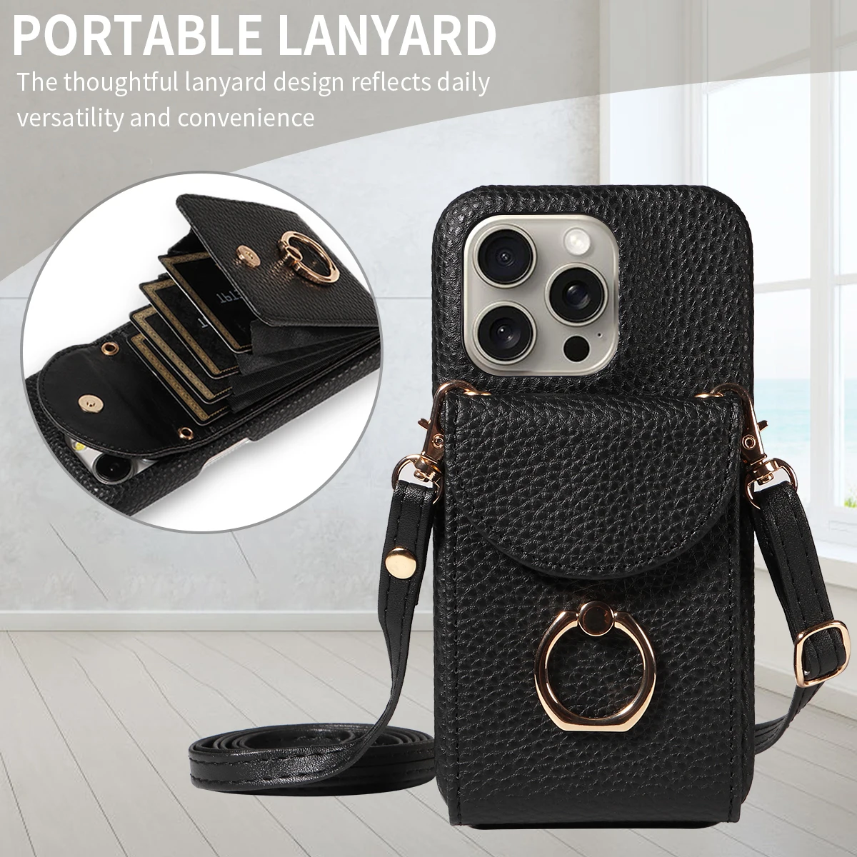 Color: black, Compatible-Phone Models: For iPhone 15, Bundle: Case & Strap, Material: Artificial Leather - High Quality Ring Stand Lychee Pattern Phone Case for IPhone16promax15 14 13 Crossbody with Lanyard PU Leather Anti-fall Cover