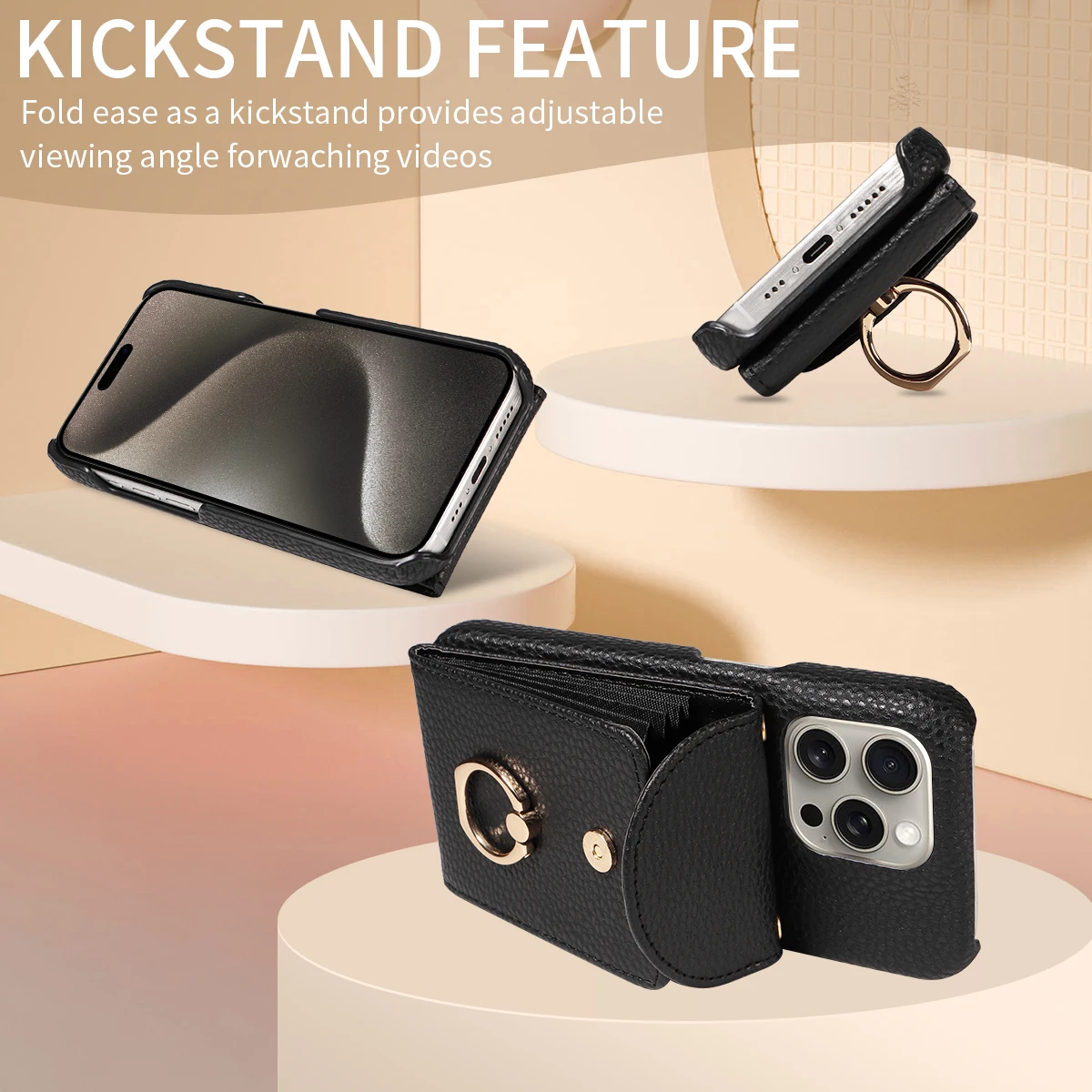 Color: black, Compatible-Phone Models: For iPhone 15, Bundle: Case & Strap, Material: Artificial Leather - High Quality Ring Stand Lychee Pattern Phone Case for IPhone16promax15 14 13 Crossbody with Lanyard PU Leather Anti-fall Cover