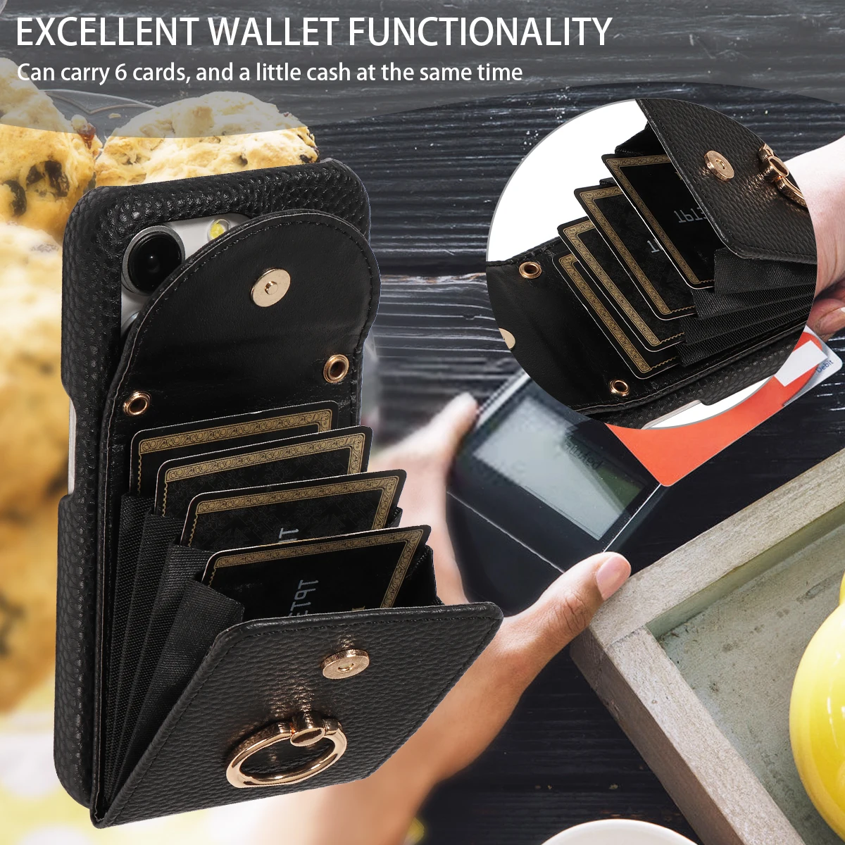 Color: black, Compatible-Phone Models: For iPhone 15, Bundle: Case & Strap, Material: Artificial Leather - High Quality Ring Stand Lychee Pattern Phone Case for IPhone16promax15 14 13 Crossbody with Lanyard PU Leather Anti-fall Cover