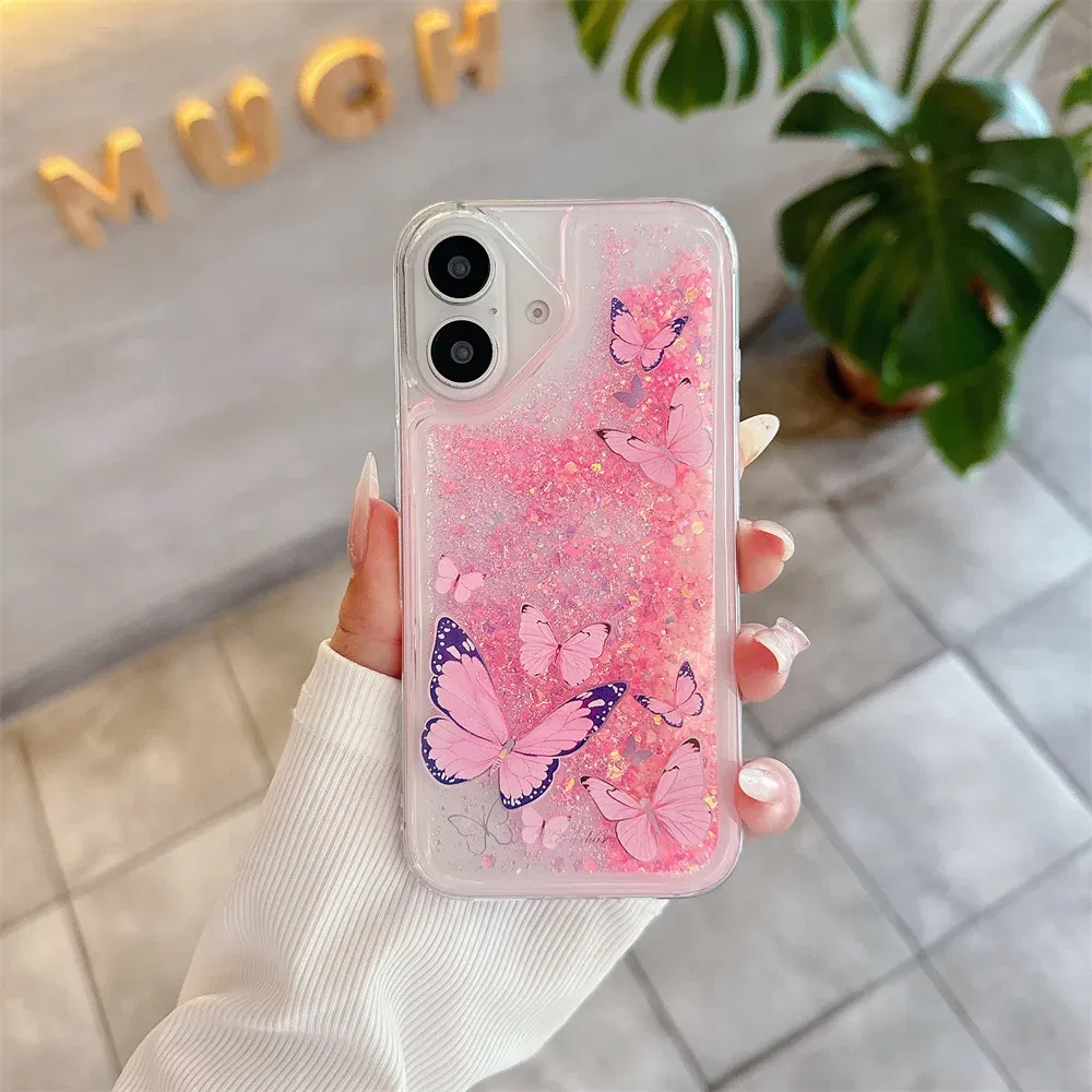 Color: Pink, Material: POLYESTER - Luminous Quicksand Glitter Butterfly Case for iPhone 16 15 14 Pro Max Plus 13 12 Mini 11 X Xs XR Soft Silicone Bling Shiny Cover