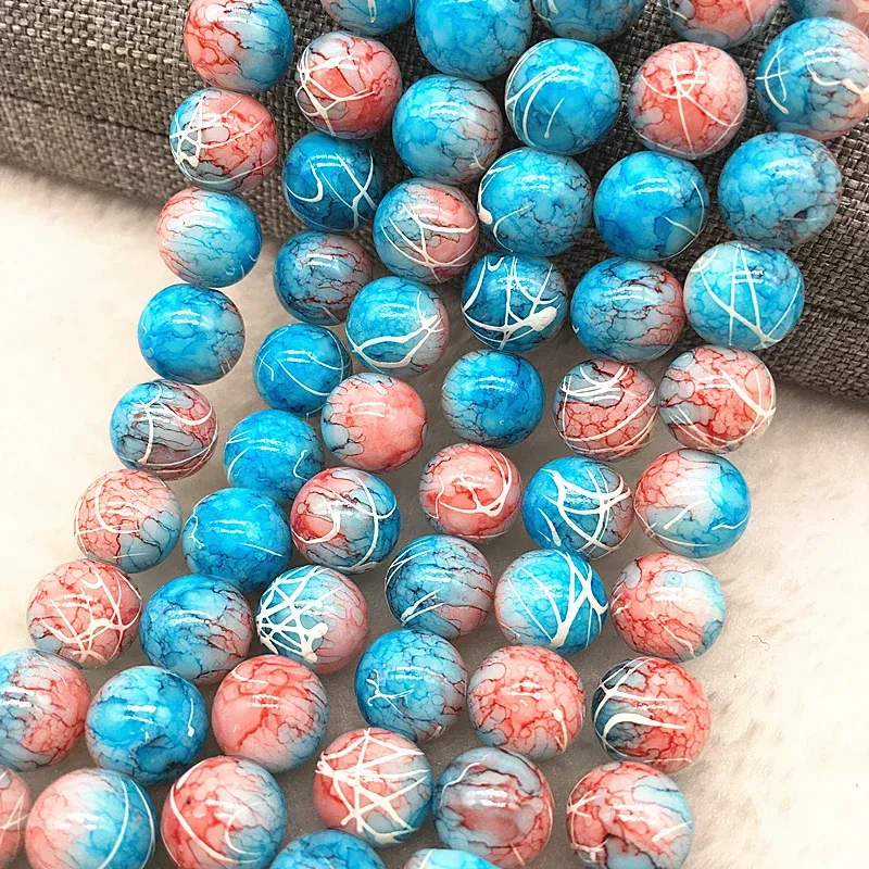 Color: Dark Red, Item Diameter: 4mm - Wholesale 4/6/8/10mm Glass Beads Round Loose Spacer Beads Pattern For Jewelry Making DIY Bracelet Necklace