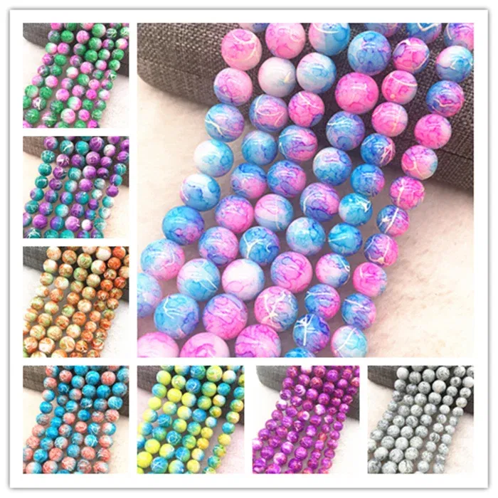 Color: Dark Red, Item Diameter: 4mm - Wholesale 4/6/8/10mm Glass Beads Round Loose Spacer Beads Pattern For Jewelry Making DIY Bracelet Necklace