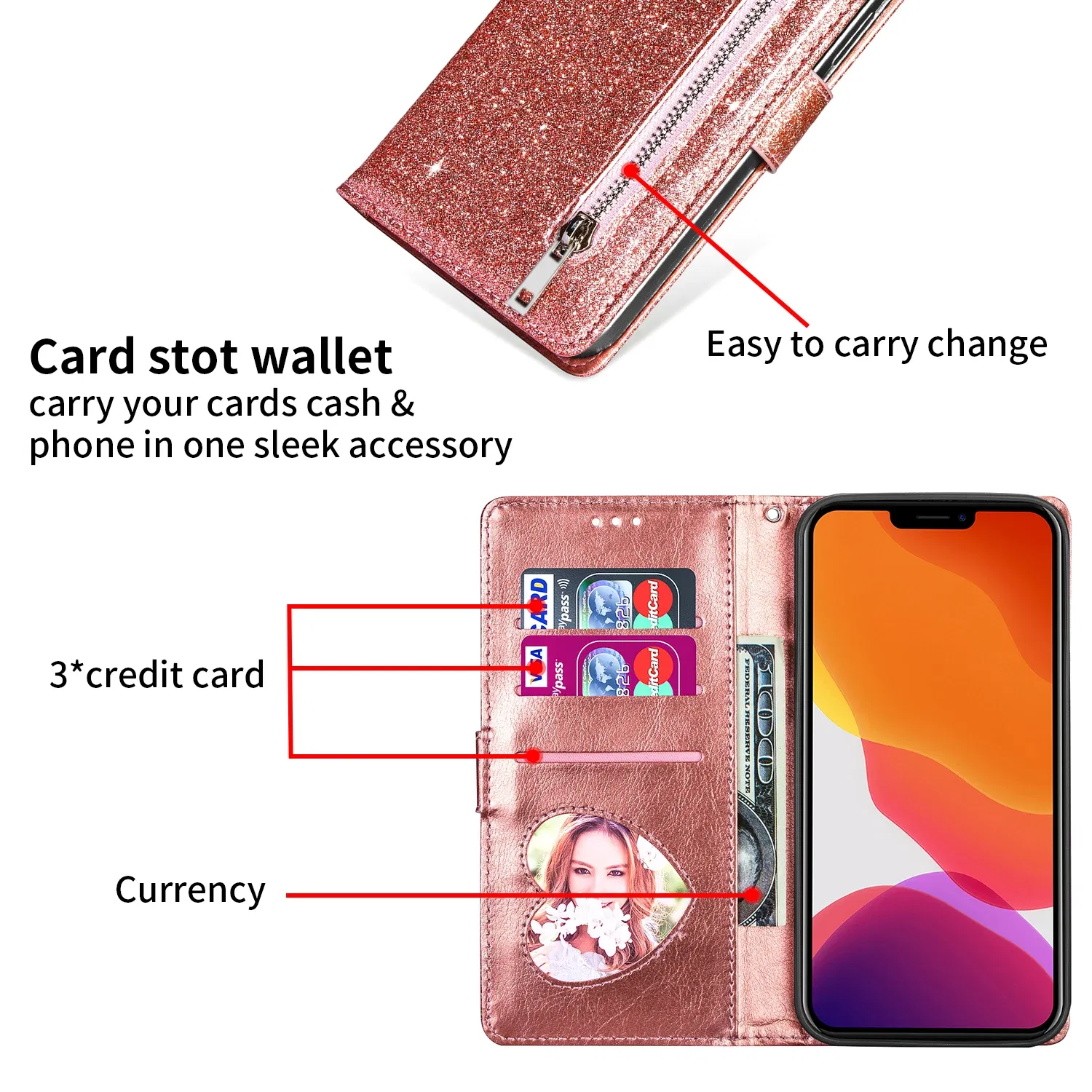 Color: black, Material: ABS - Zipper Flip Wallet Glitter Leather Case for iPhone 16 15 14 13 12 11 Pro Max XS XR 8 7 Plus SE 2022 Mini Bling Stand Phone Cover