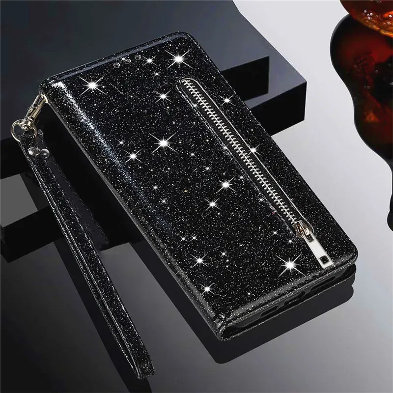 Color: black, Material: ABS - Zipper Flip Wallet Glitter Leather Case for iPhone 16 15 14 13 12 11 Pro Max XS XR 8 7 Plus SE 2022 Mini Bling Stand Phone Cover