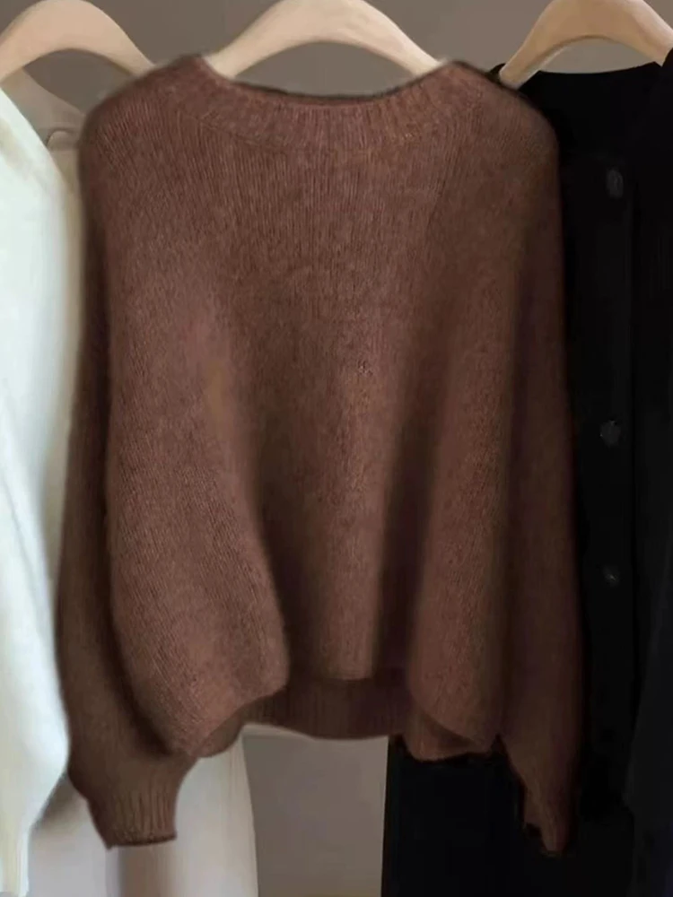 Color: Brown, Size: XL, Ships From: CHINA - Autumn and Winter New Cashmere Sweater 100% Pure Wool Knitted Pullover for Women, Loose and Lazy Style Round Neck Soft Solid Top