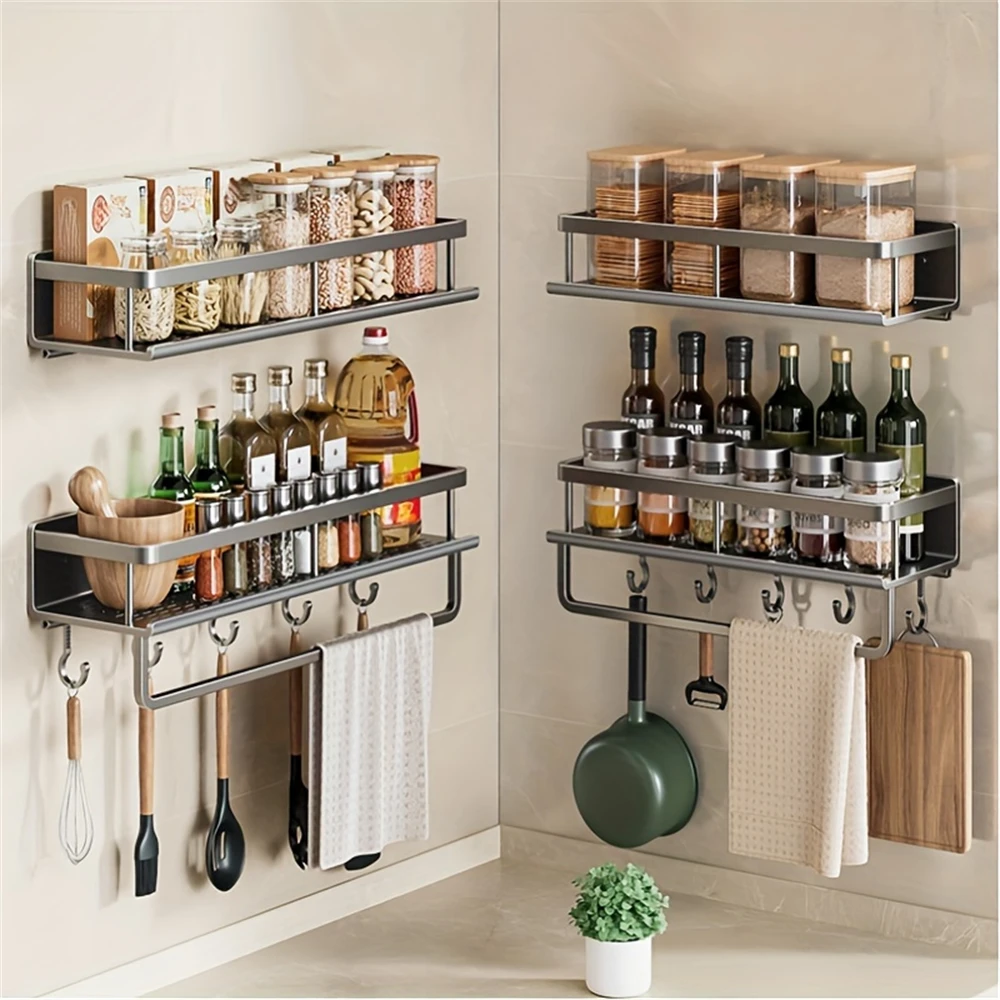 Color: DEEP BLUE - Multifunctional Kitchen and Bath Tray Wall-Mounted Aluminum Storage Rack Seasoning Bottle Storage Shelf Kitchen Storage Hooks