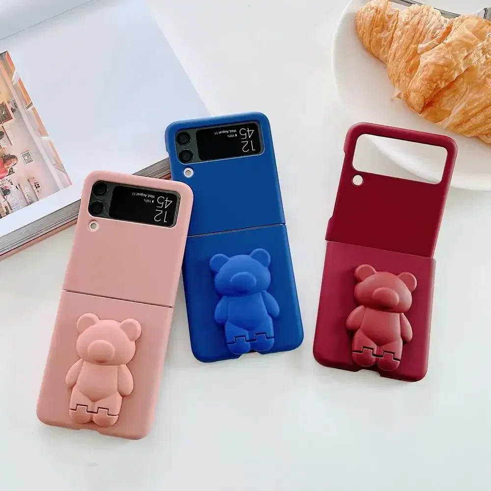 Color: Rose, Material: Canvas - 3D Bear Bracket Kickstand Cute Case For Samsung Galaxy Z Flip 5 4 3 Hard Phone Case For Samsung Z Flip 3 4 Flip5 ZFlip4 Cover