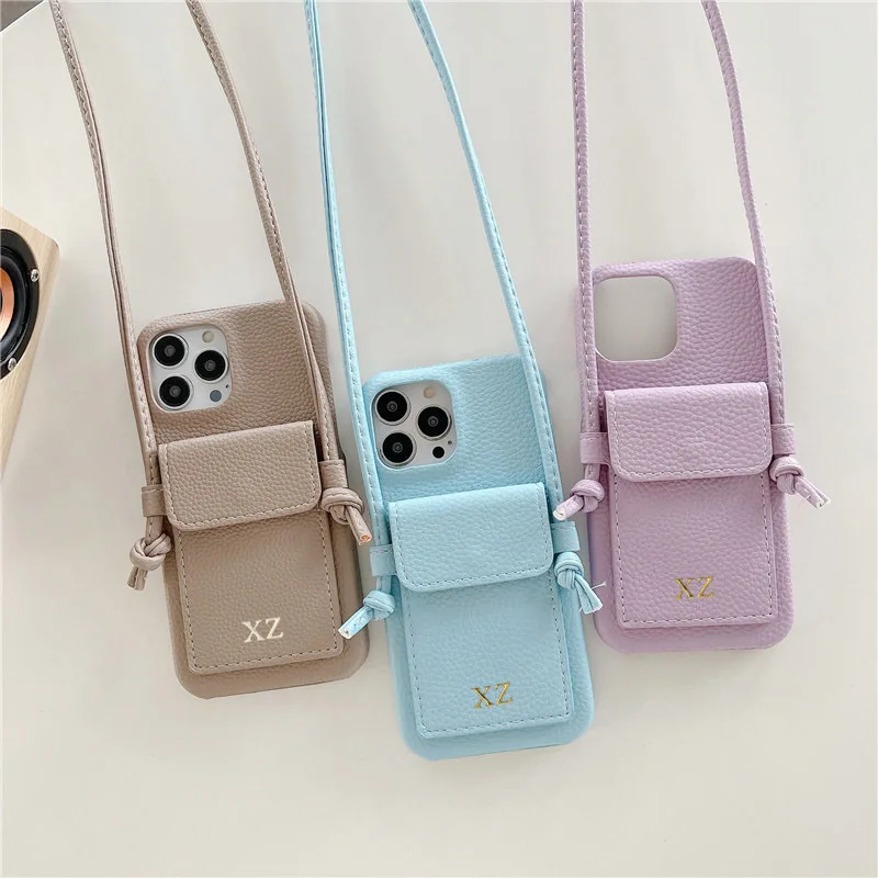 Color: Brown, Material: Microfiber - Personalized Gold Silver Letters Leather PU Card Holder Lanyard Hard Case For iPhone 14 13 12 11 15 Pro Max XS XR 16 Plus Cover