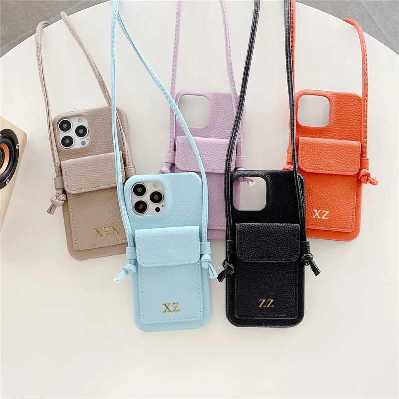 Color: Brown, Material: Microfiber - Personalized Gold Silver Letters Leather PU Card Holder Lanyard Hard Case For iPhone 14 13 12 11 15 Pro Max XS XR 16 Plus Cover