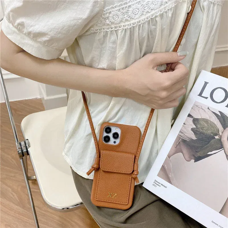 Color: Brown, Material: Microfiber - Personalized Gold Silver Letters Leather PU Card Holder Lanyard Hard Case For iPhone 14 13 12 11 15 Pro Max XS XR 16 Plus Cover
