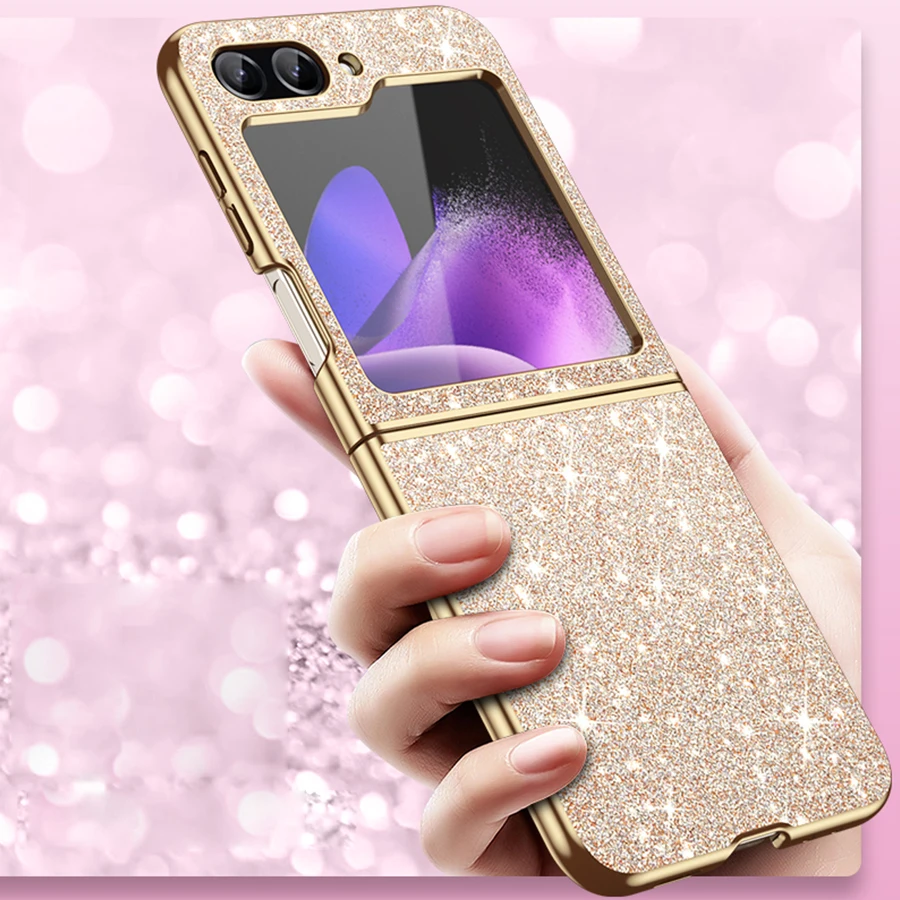 Color: Gold, Material: Aluminum - sparkling Stylish phone case Samsung Galaxy Z Flip 5 4 5G protective cover Cell phone case for women