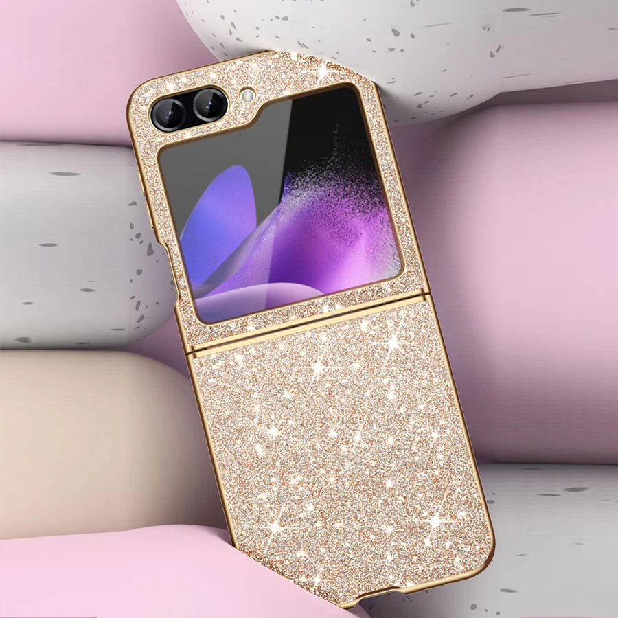 Color: Gold, Material: Aluminum - sparkling Stylish phone case Samsung Galaxy Z Flip 5 4 5G protective cover Cell phone case for women