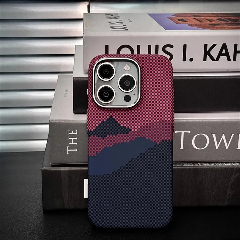 Color: SKY BLUE, Material: Denim - Luxury Alloy Lens 3D Relief Peak Carbon Fibre Pattern Case For iPhone 13 14 15 16 Pro Max Slim Shockproof PC Cover For Magsafe