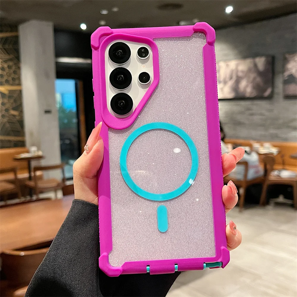 Color: Blue, Compatibility by Model: Galaxy S24 Ultra - For Magsafe Clear Armor Bumper Glitter Phone Case For Samsung S25 Ultra S24 Plus Wireless Charging Shockproof Protective Cover