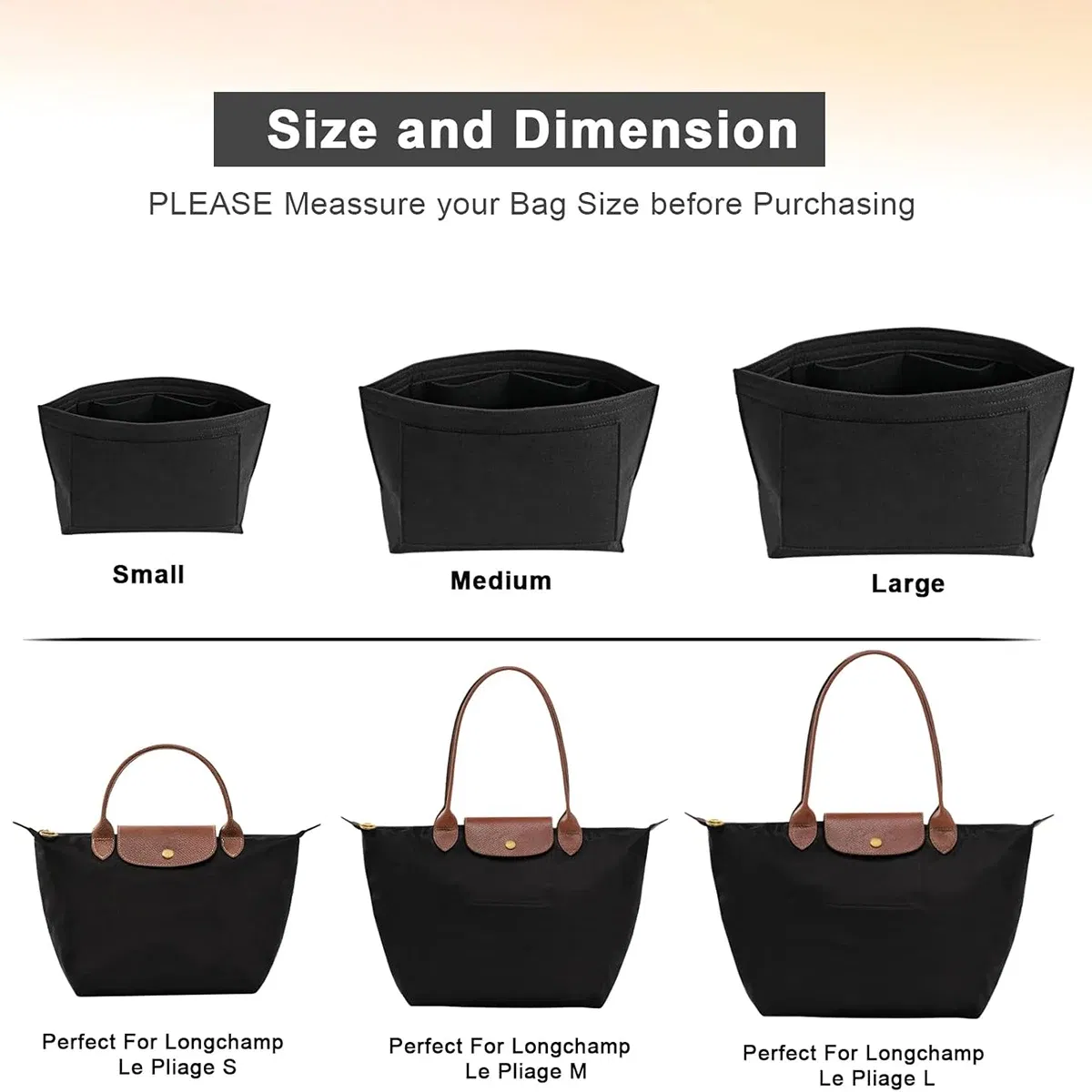 Color: Rose Gold - Felt Purse Organizer Insert for Longchamp Le Pliage S/ML Handbag Insert