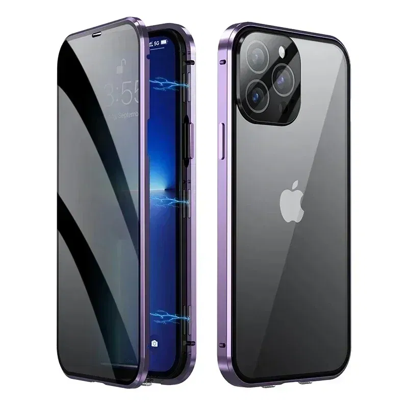 Color: PURPLE, Material: ABS - Double-Sided Privacy Magnetic Case For iPhone 16 12 13 14 15 11 Pro Max 14 Plus 16 Plus Anti Peeping Full Cover Metal Frame Case