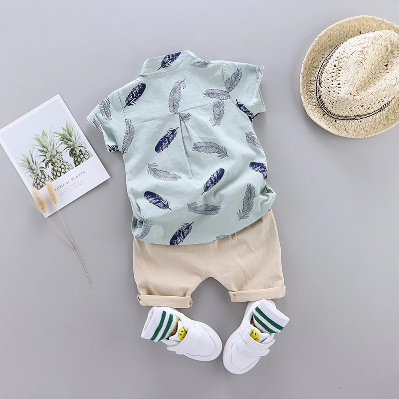 Color: Pink, Kid Size: 24M - 0-3 Year Old Baby Summer Feather Print Shirt Short Sleeve Suit