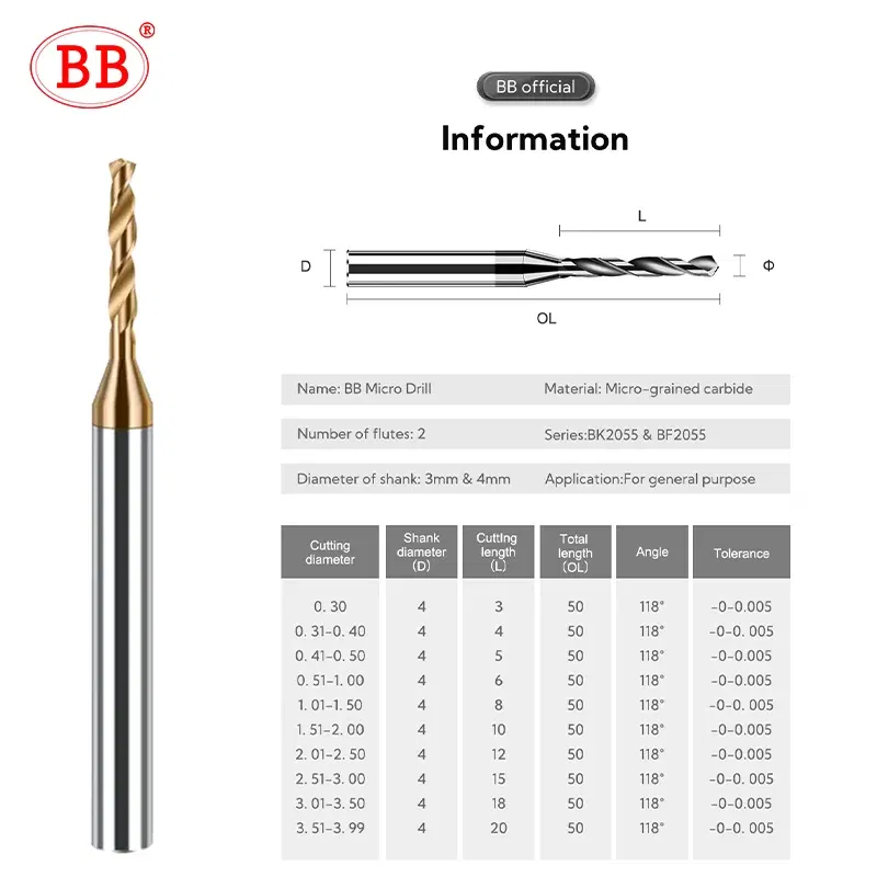 Hole Diameter: 17.5mm - BB 2.03-3.75mm Micro Drill Mini Coated Solid Carbide Bit Metal Iron Steel Hole Drilling 3xD Cutting Length D=4mm CNC Tool 1pcs