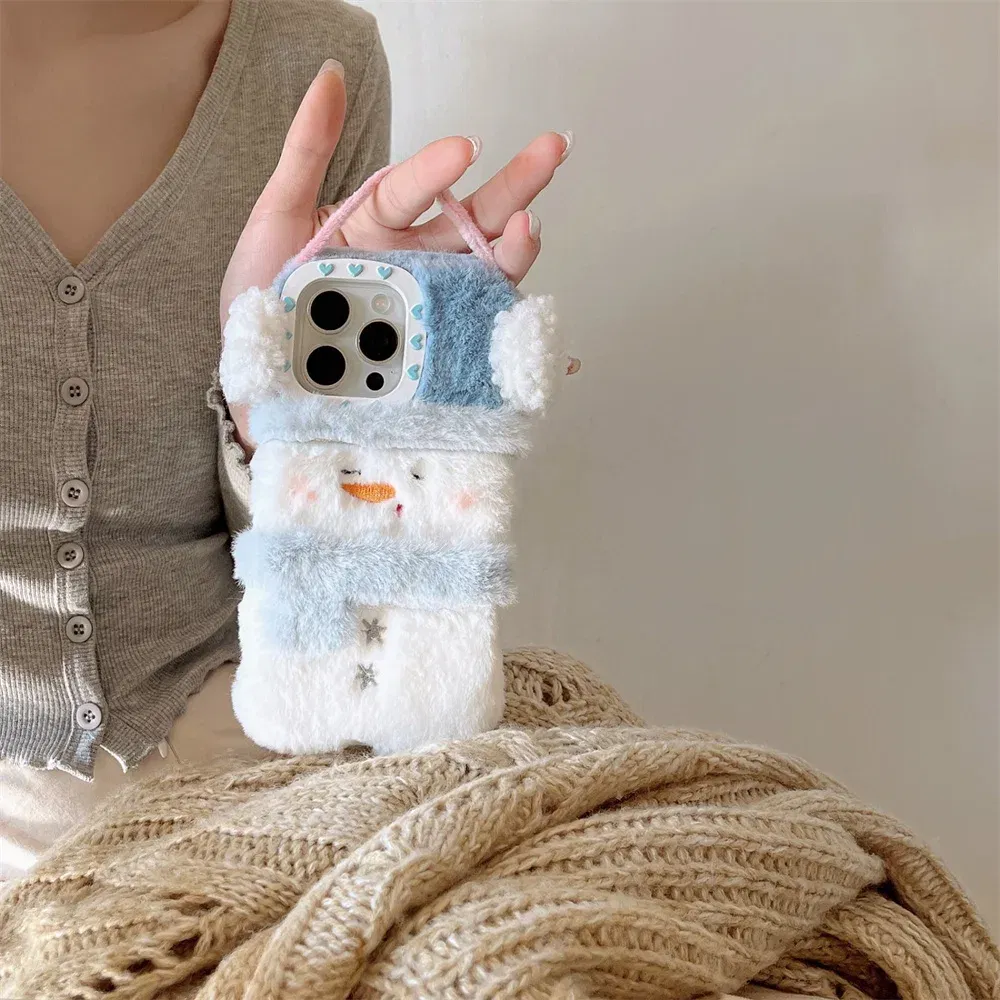 Color: Beige, Material: Microfiber - Cute Cartoon Furry Snowman Case for iPhone 16 15 14 Pro Max 12 13 11 16Pro Plush Winter Warm Love Heart Soft Shockproof Cover