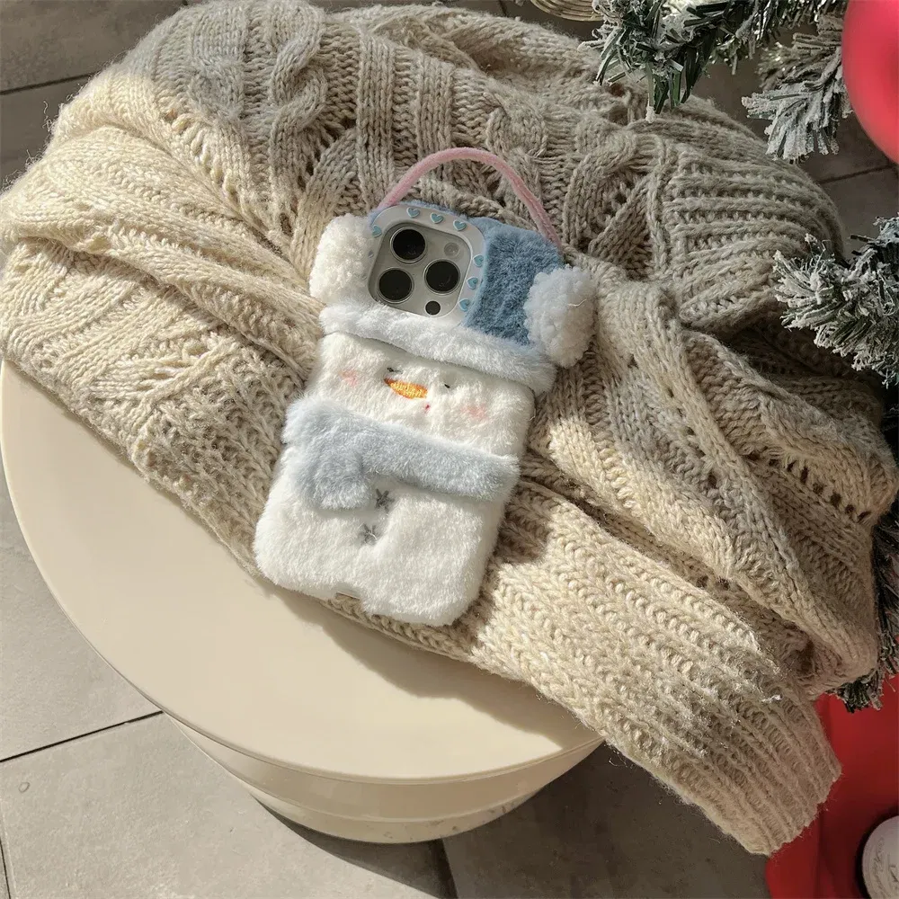 Color: Beige, Material: Microfiber - Cute Cartoon Furry Snowman Case for iPhone 16 15 14 Pro Max 12 13 11 16Pro Plush Winter Warm Love Heart Soft Shockproof Cover