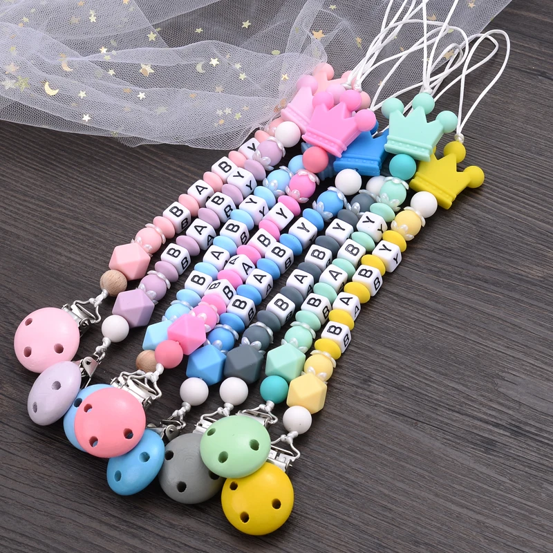 Color: light yellow - New Baby Crown Pacifier Clips Silicone Pacifier Chains Handmade Toddler Teething Chain Nipple Clip Chew Toys Not Customized