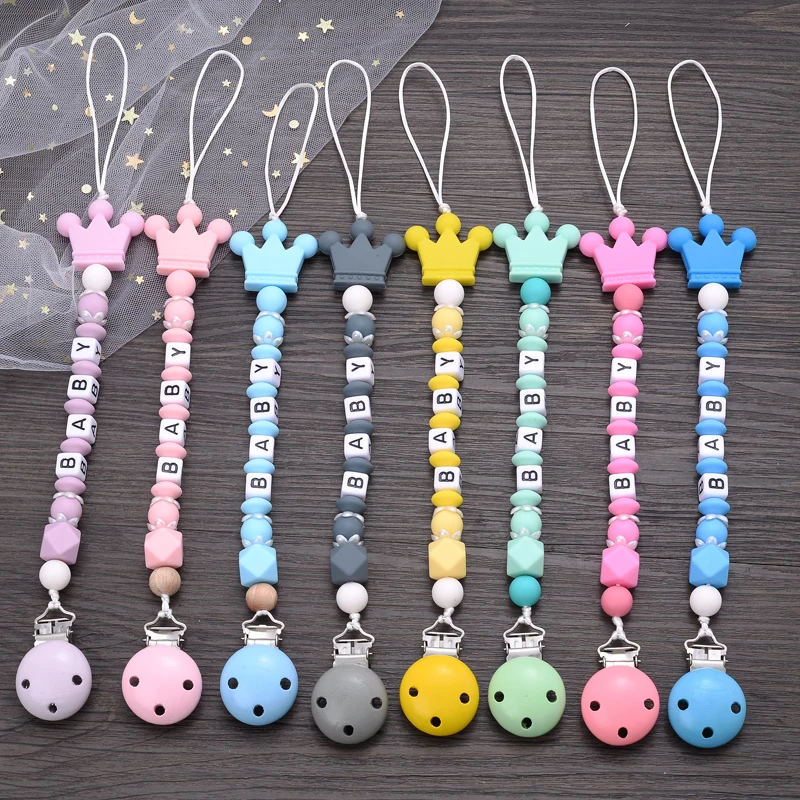 Color: light yellow - New Baby Crown Pacifier Clips Silicone Pacifier Chains Handmade Toddler Teething Chain Nipple Clip Chew Toys Not Customized