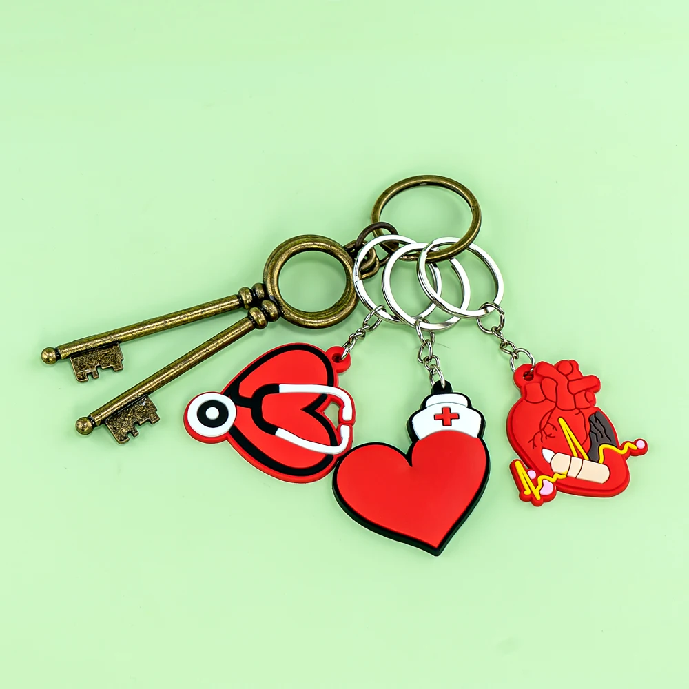 Color: Light Blue - 1PCS PVC Rubber Hot Keychain for nurses New Design Medicine Style Heart & Brain Car Key Pendant Cute Bag Ornament Gift