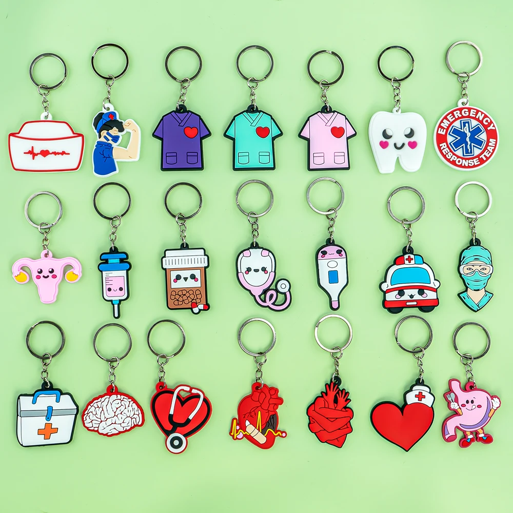 Color: Light Blue - 1PCS PVC Rubber Hot Keychain for nurses New Design Medicine Style Heart & Brain Car Key Pendant Cute Bag Ornament Gift