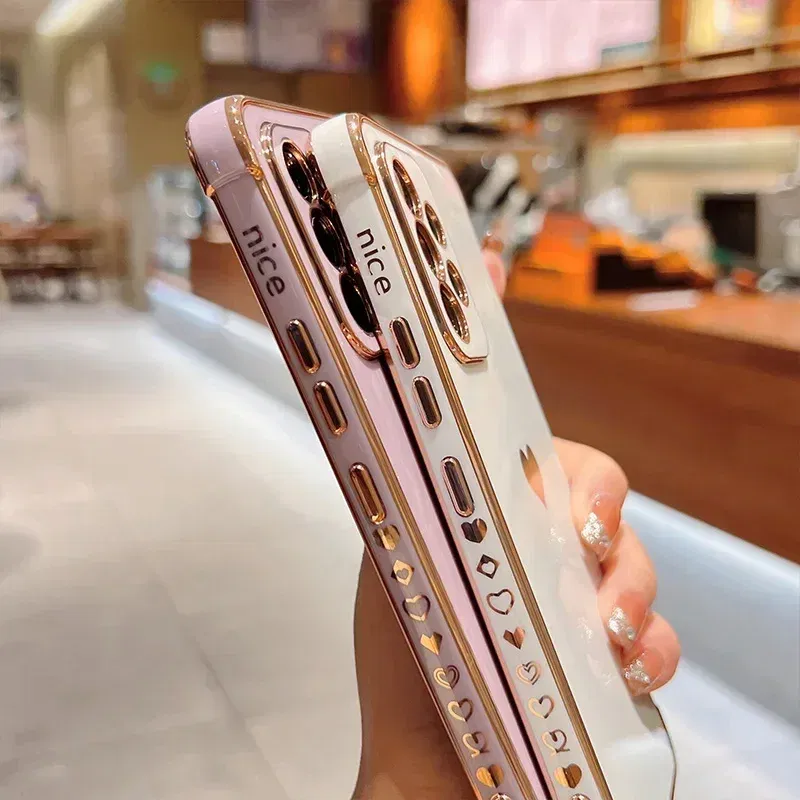 Color: Orange, Compatible-Phone Models: For iPhone 13, Ships From: CHINA - Electroplating Side Love Heart Phone Case For Samsung Galaxy S25 Ultra S24 S23 S22 A16 A55 Protect Lens Shockproof Back Cover