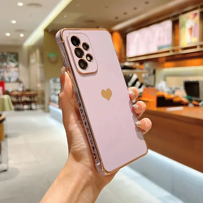Color: Orange, Compatible-Phone Models: For iPhone 13, Ships From: CHINA - Electroplating Side Love Heart Phone Case For Samsung Galaxy S25 Ultra S24 S23 S22 A16 A55 Protect Lens Shockproof Back Cover