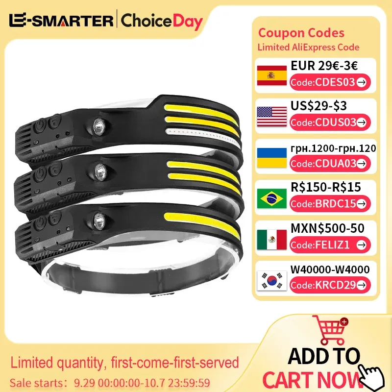 Emitting Color: green - Induction Headlamp COB LED Sensor Head Lamp Built-in Battery Flashlight USB Rechargeable Head Torch 5 Lighting Modes Headlight
