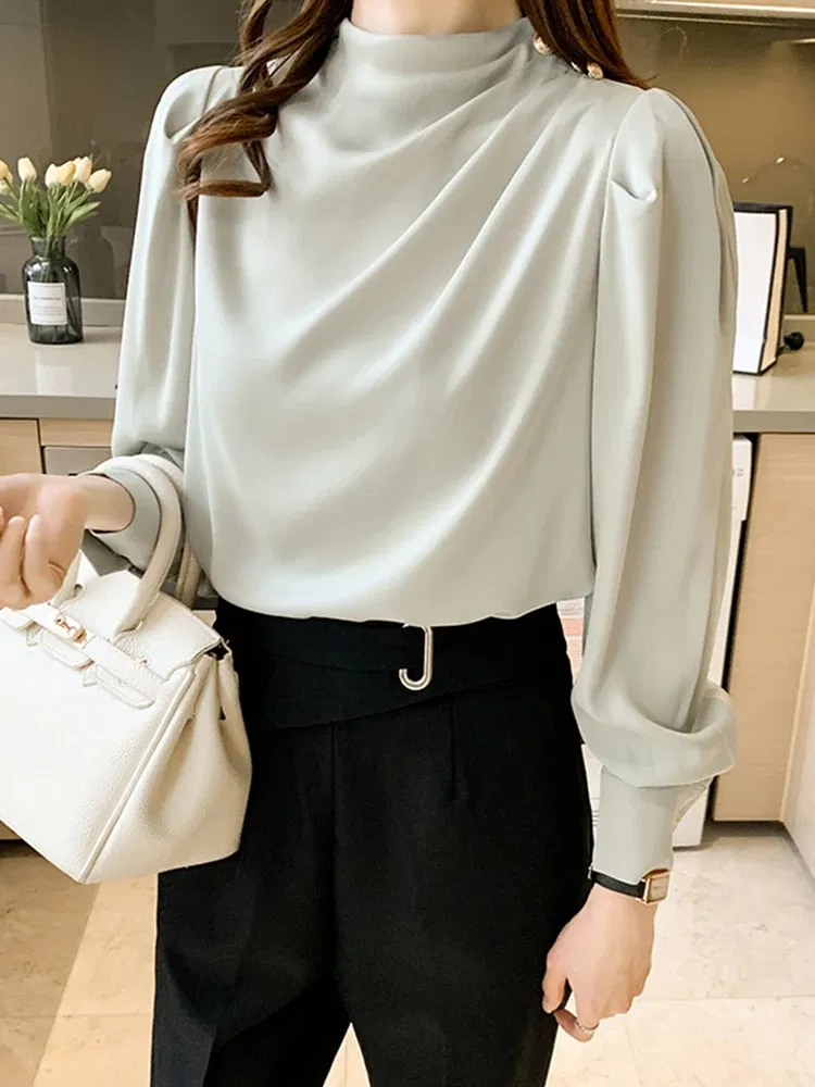 Color: SKY BLUE, Size: L, Ships From: CHINA - Spring Autumn Elegant Office Women Shirt Mujer Chic Satin Formal Lantern Sleeve Blouse Tops Loose Pullover Jumper Street Clothes