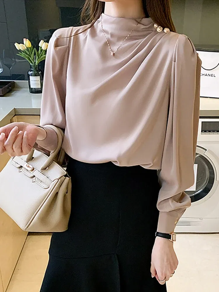 Color: SKY BLUE, Size: L, Ships From: CHINA - Spring Autumn Elegant Office Women Shirt Mujer Chic Satin Formal Lantern Sleeve Blouse Tops Loose Pullover Jumper Street Clothes