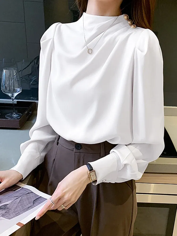 Color: SKY BLUE, Size: L, Ships From: CHINA - Spring Autumn Elegant Office Women Shirt Mujer Chic Satin Formal Lantern Sleeve Blouse Tops Loose Pullover Jumper Street Clothes