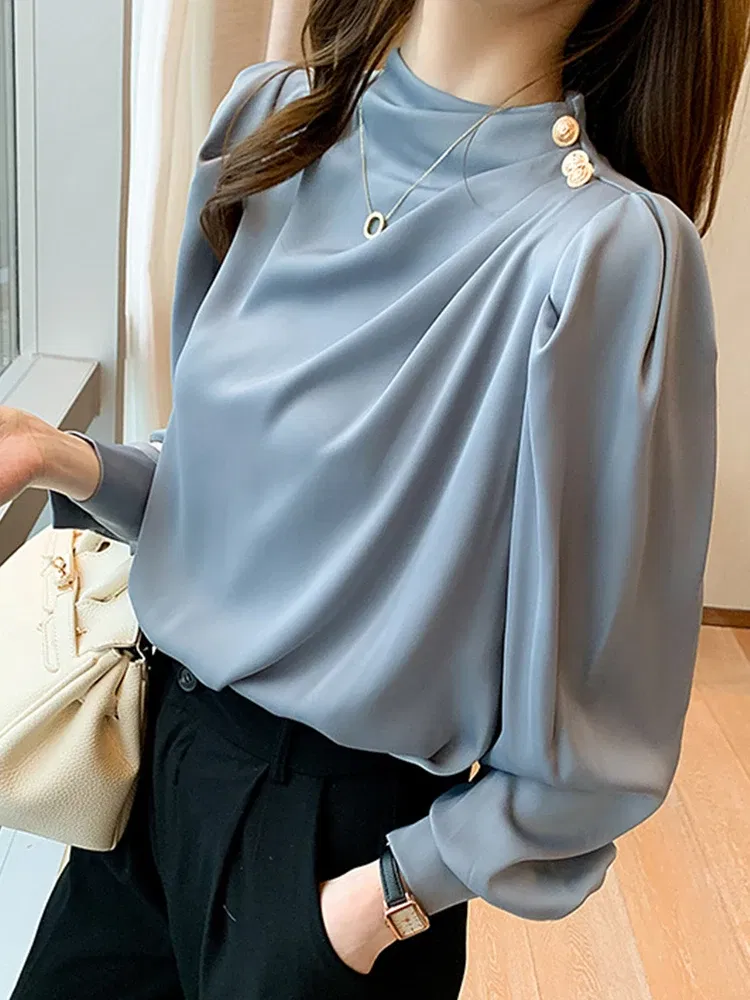 Color: SKY BLUE, Size: L, Ships From: CHINA - Spring Autumn Elegant Office Women Shirt Mujer Chic Satin Formal Lantern Sleeve Blouse Tops Loose Pullover Jumper Street Clothes