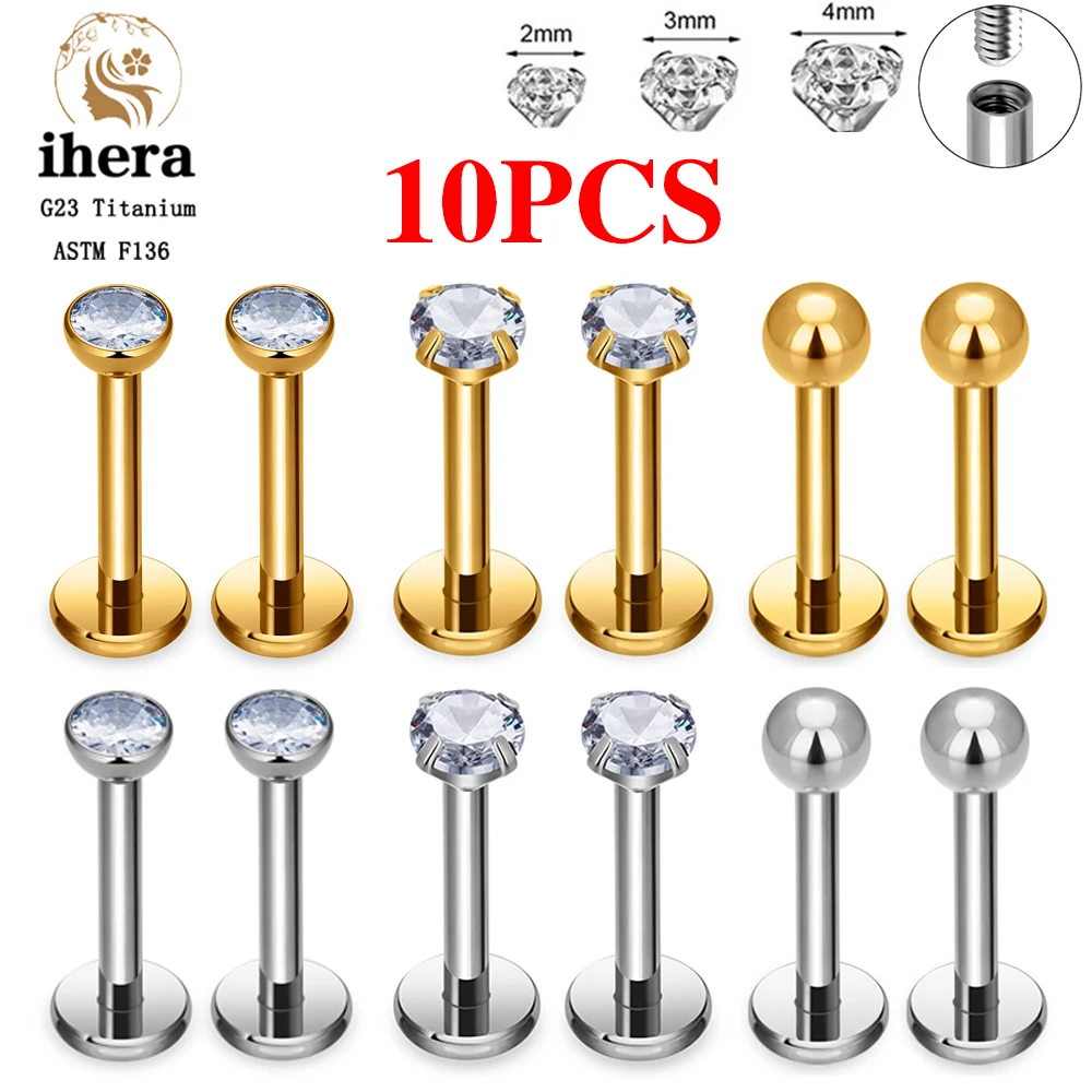 Metal color: SILVER PLATED, Ships From: CHINA, Main Stone Color: Silver - 10PCS G23 Titanium Labret Piercing Lip Ring 16G F136 Internal Thread Nose Stud Earring Tragus Helix Cartilage Piercing Jewelry