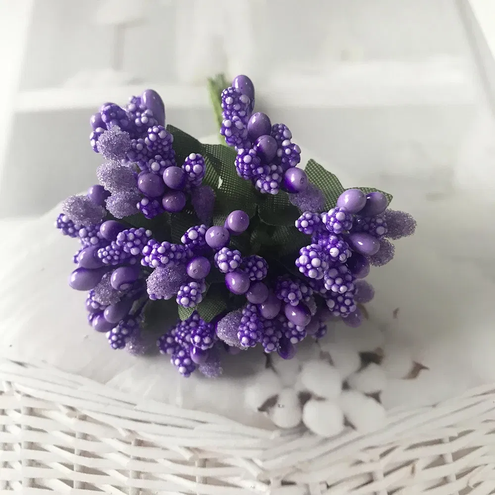Color: plum - 12PCS/lot Artificial Flower Small Berries Stamen Wire Stem/marriage Leaves DIY Wreath Wedding Scrapbooking Box Decoration Craft