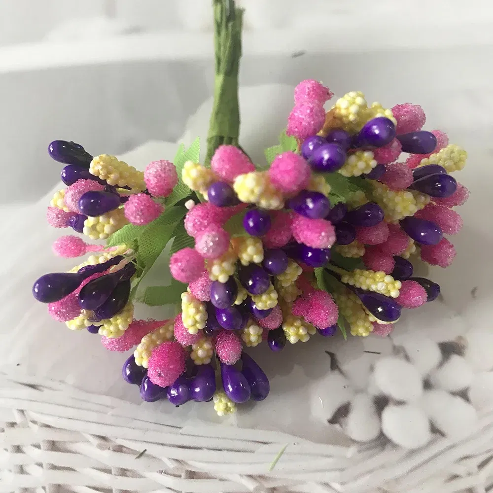 Color: plum - 12PCS/lot Artificial Flower Small Berries Stamen Wire Stem/marriage Leaves DIY Wreath Wedding Scrapbooking Box Decoration Craft