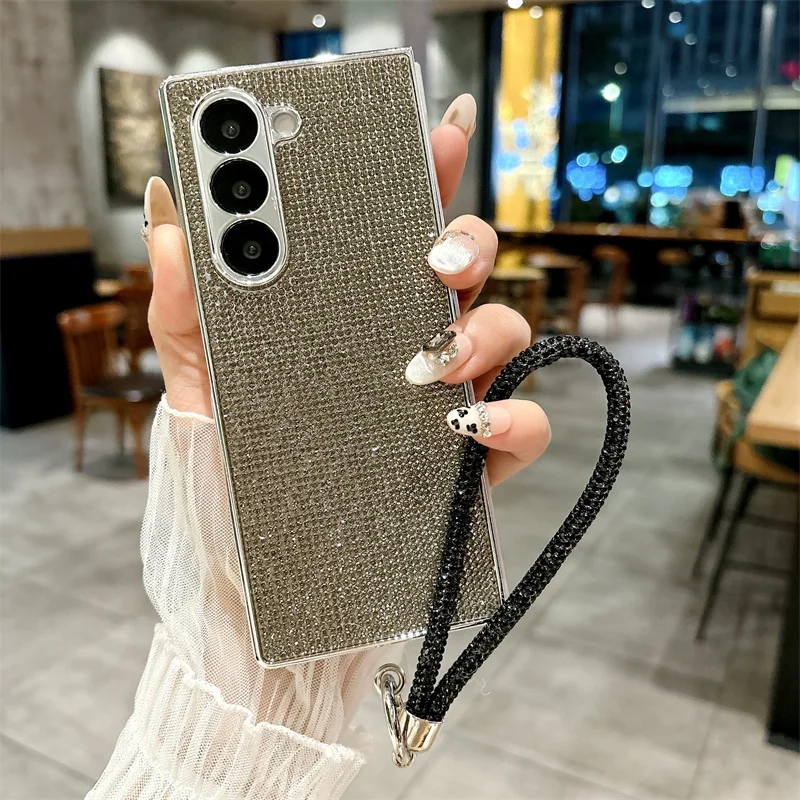 Color: Beige, Material: Cotton Fabric - Luxury Flash Diamond Sparkling phone case for Samsung Galaxy Z Fold 6 5 zfold 4 Electroplated bracelet shockproof cover