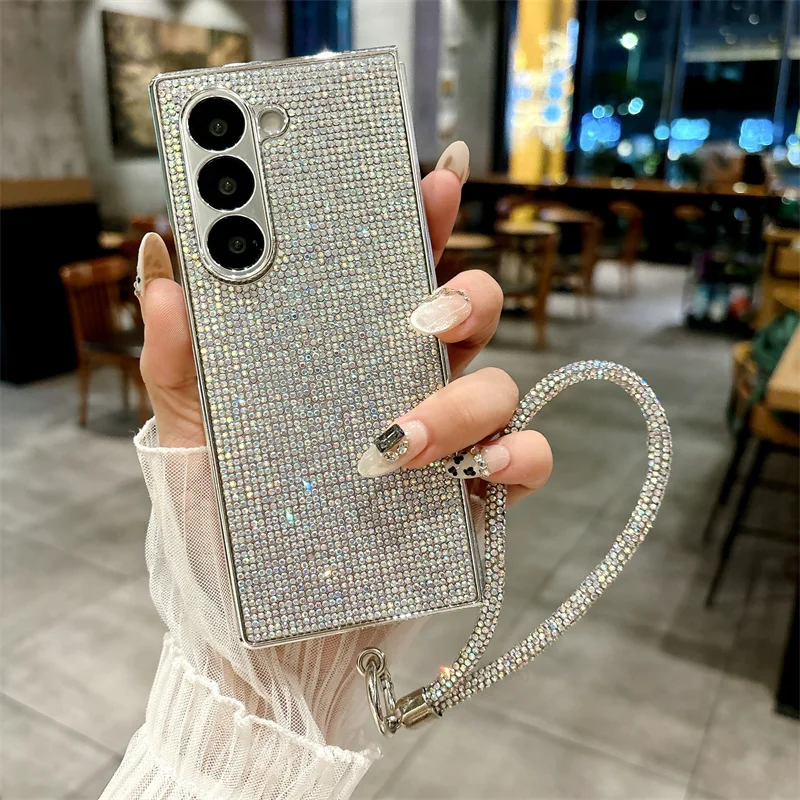 Color: Beige, Material: Cotton Fabric - Luxury Flash Diamond Sparkling phone case for Samsung Galaxy Z Fold 6 5 zfold 4 Electroplated bracelet shockproof cover