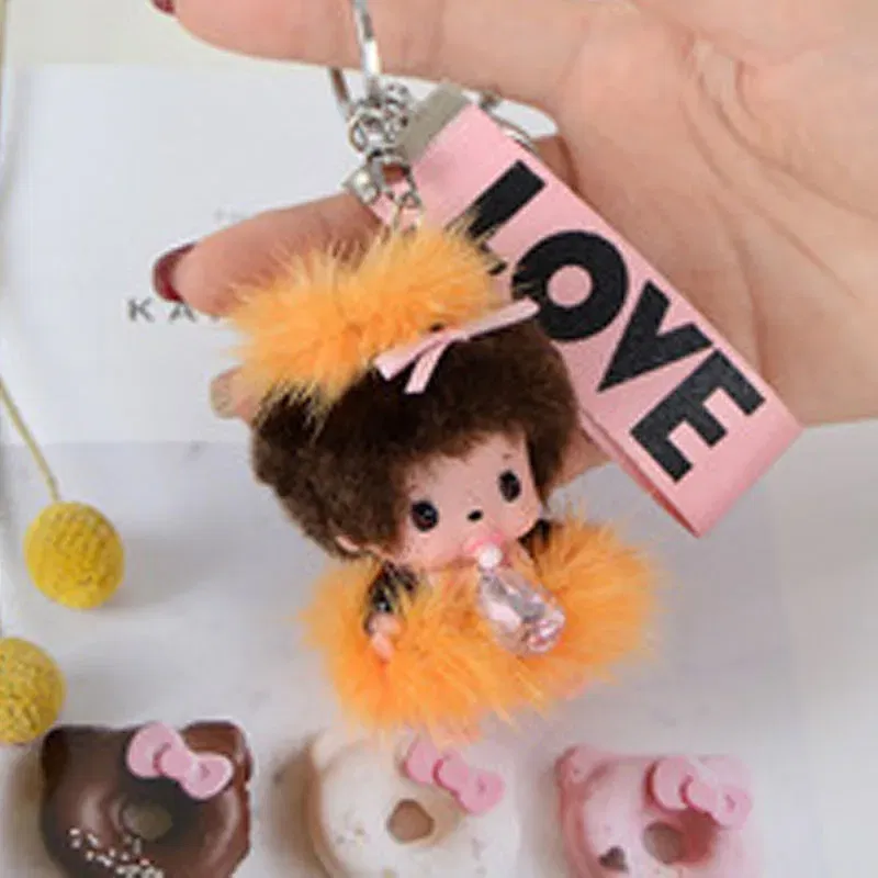 Color: ROYAL BLUE, Ships From: CHINA - New creative mink hair Monchi key chain figure car pendant plush toy cartoon doll webbing