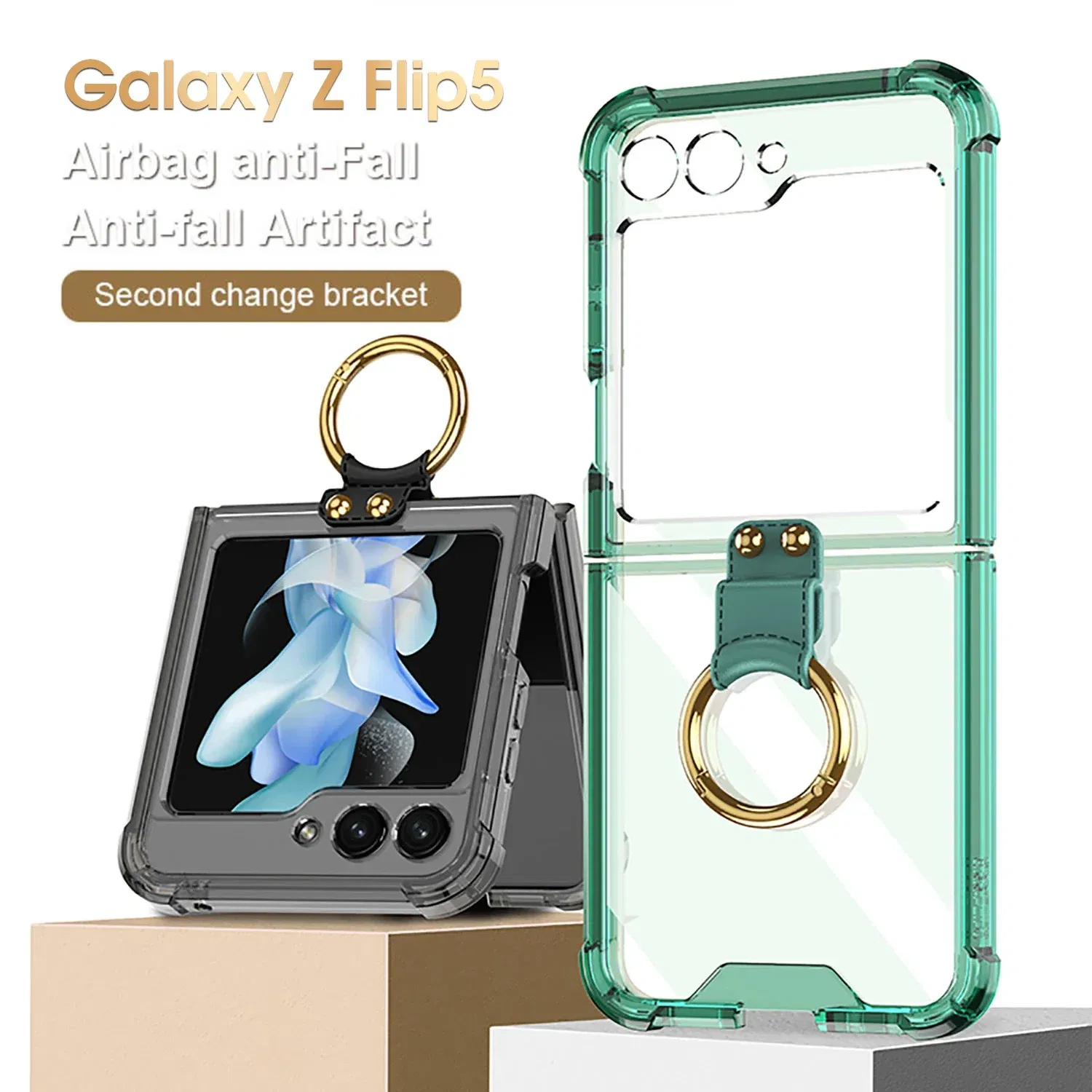 Material: Canvas, Color: Beige - Transparent Electroplated Airbag Ring Phone Case for Samsung Galaxy Z Flip 5 4 3 5G Flip5 Flip4 Flip3 5G Stand Shockproof Cover