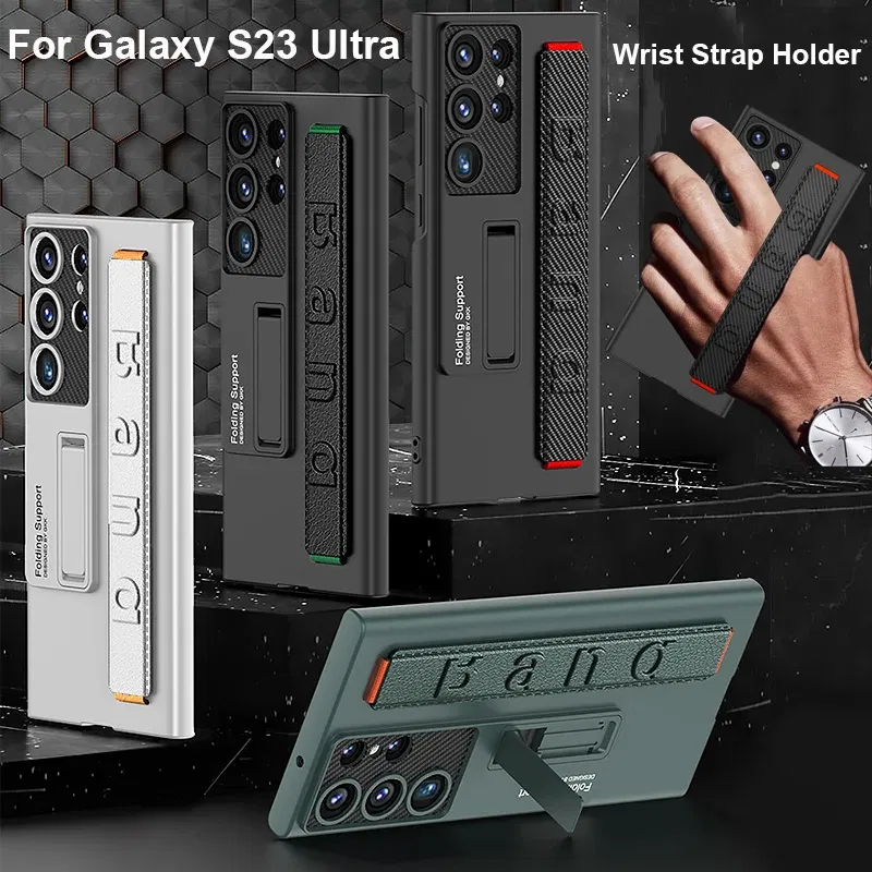 Color: green, Material: ABS - S24 Ultra Wrist Strap Holder Case For Samsung Galaxy S23 Ultra Carbon Fiber Shockproof Armor Camera Protector Kickstand Cover