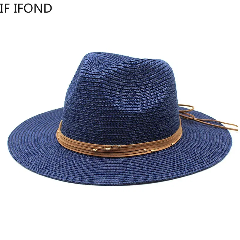 Color: WHITE, Size: M - Big Size 60CM New Straw Hat 7cm Brim Summer Cooling Beach Sun Hat Outdoor Party Panama Jazz Hat Sombreros De Mujer