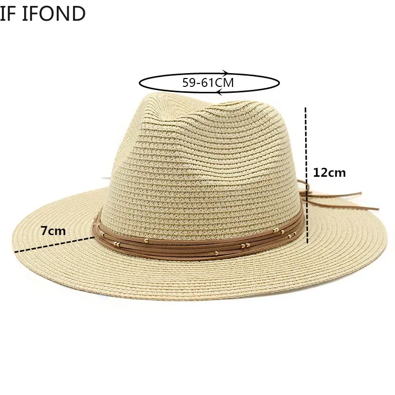 Color: WHITE, Size: M - Big Size 60CM New Straw Hat 7cm Brim Summer Cooling Beach Sun Hat Outdoor Party Panama Jazz Hat Sombreros De Mujer