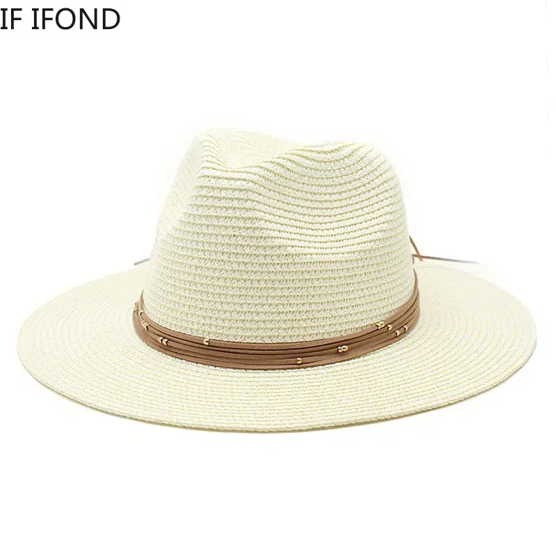 Color: WHITE, Size: M - Big Size 60CM New Straw Hat 7cm Brim Summer Cooling Beach Sun Hat Outdoor Party Panama Jazz Hat Sombreros De Mujer