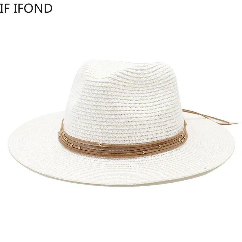 Color: WHITE, Size: M - Big Size 60CM New Straw Hat 7cm Brim Summer Cooling Beach Sun Hat Outdoor Party Panama Jazz Hat Sombreros De Mujer