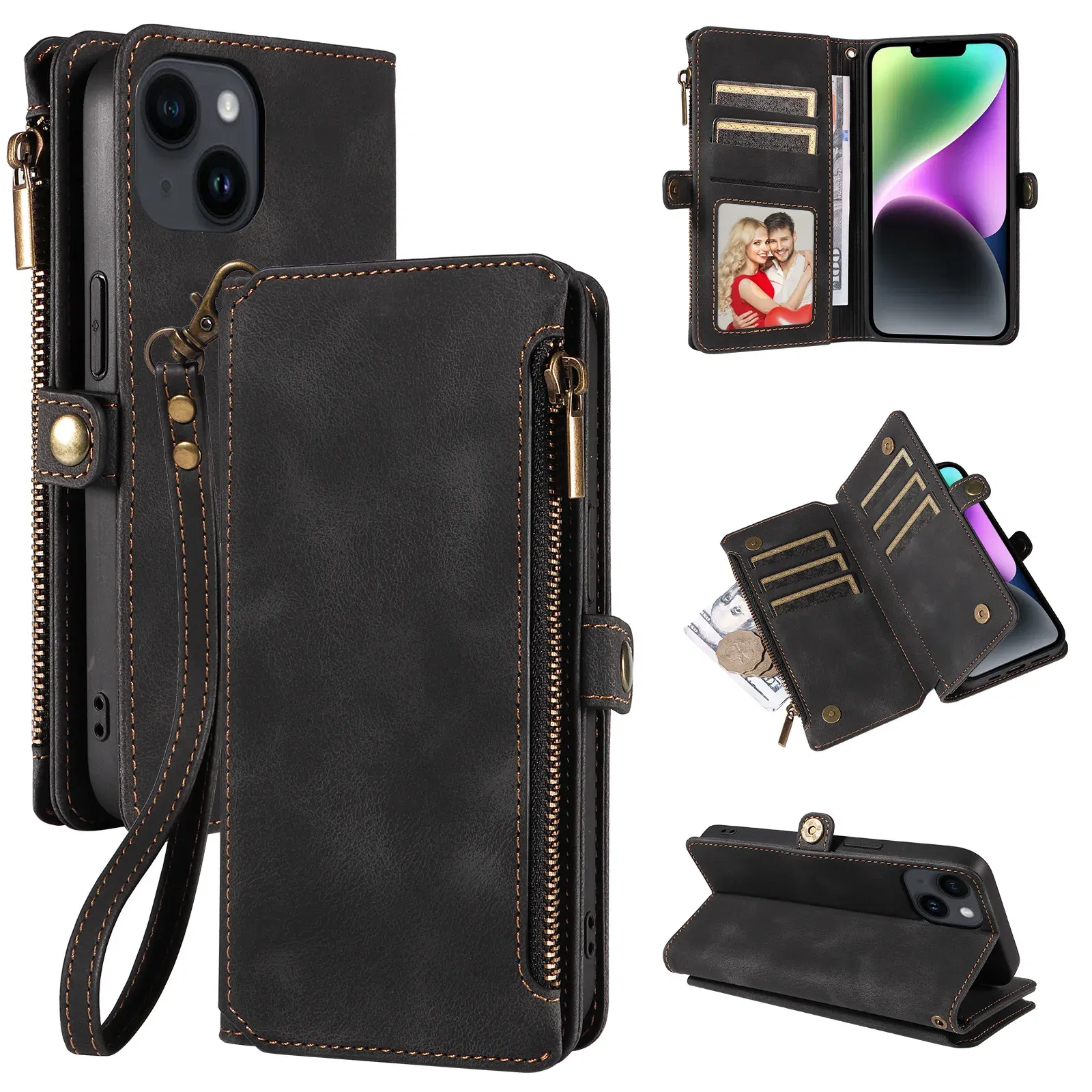 Color: Brown, Material: POLYESTER - Zipper Multi 9 Cards Wallet Case for OPPO Reno 12 10 8 7 6 5 Pro 11F 11A 8T 6Z 5Z Retro Leather Lanyard Wrist Strap Phone Cover