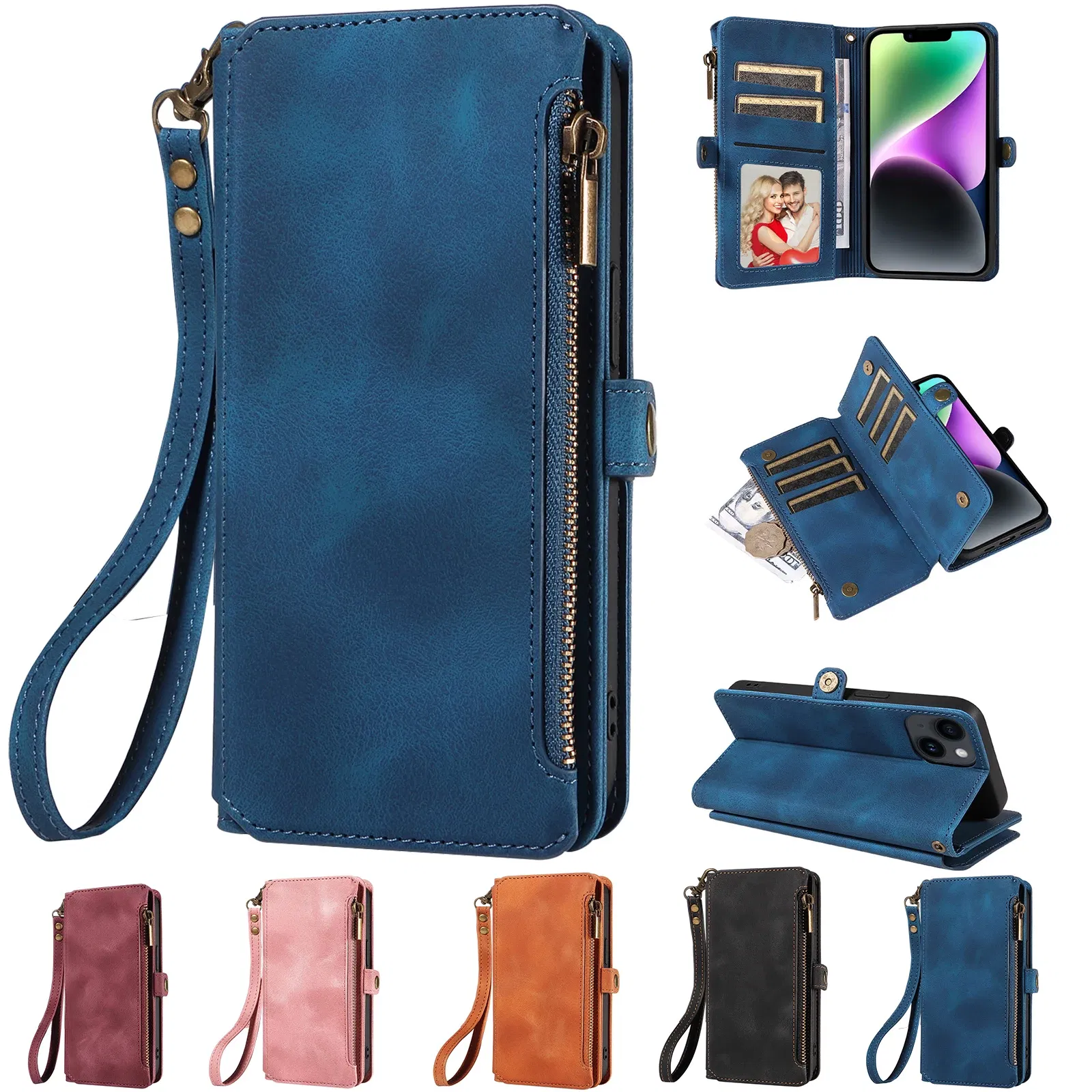 Color: Brown, Material: POLYESTER - Zipper Multi 9 Cards Wallet Case for OPPO Reno 12 10 8 7 6 5 Pro 11F 11A 8T 6Z 5Z Retro Leather Lanyard Wrist Strap Phone Cover